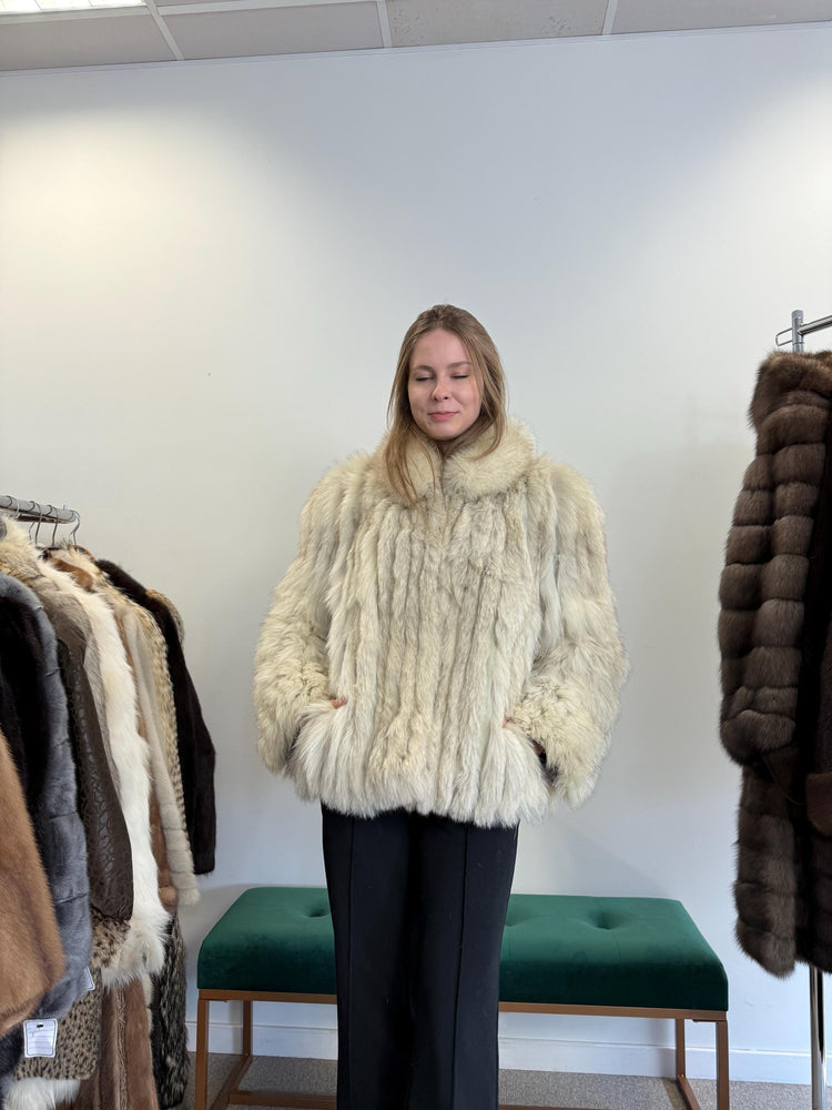 Front view of real Saga Fox fur jacket, women’s medium, short vintage coat.
